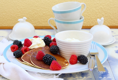 Homemade protein pancakes with skyr yogurt and berries