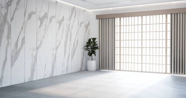 istock Modern japan style empty room decorated with white slat wall. 1594424343