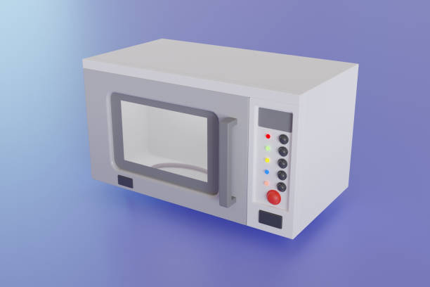 istock Modern microwave oven with closed door and lit lamp inside. Kitchen electric appliance for cooking food. 3d empty white microwave oven with display, buttons and glass plate 1594429515