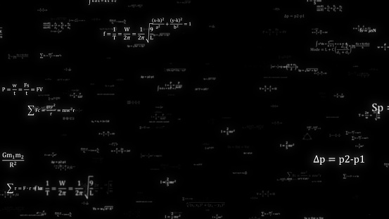 Abstract Physics equation concept, Mathematics calculation, Sciences formula, arithmetic and handwritten geometry symbol, typewriting study on black background, 3d rendering