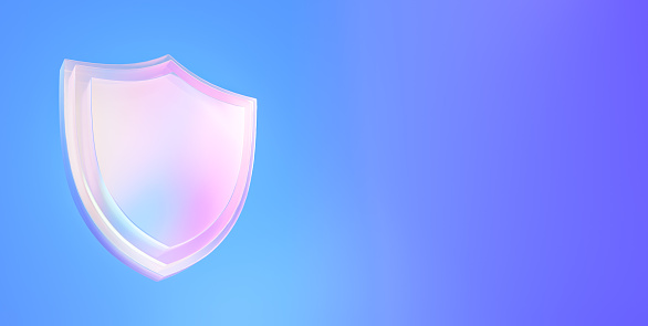 Colorful blue pink clean shield guard protection, cyber security firewall technology concept design, modern trendy elegant glass 3d digital data business icon illustration