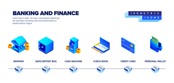 Vector Illustration of Banking and Finance Isometric Icon Set and Three Dimensional Design. Budget, Wealth, Investment, Economy, Money.