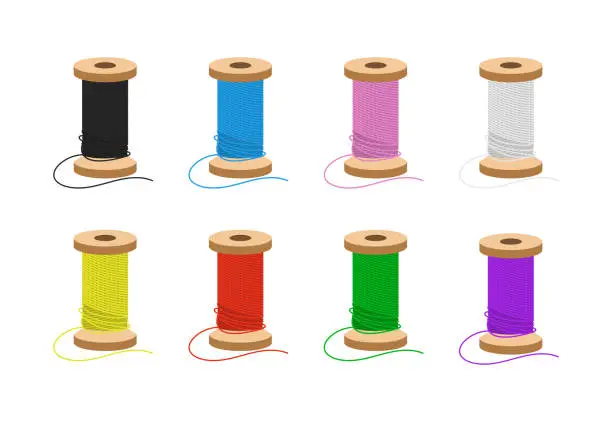 Vector illustration of Spool of thread multicolored set flat vector illustration