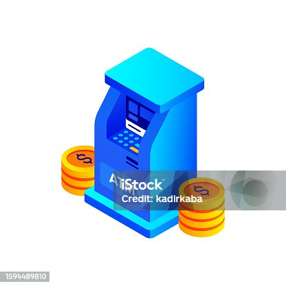 istock Vector Illustration of Atm Isometric Icon and Three Dimensional Design. Money, Coin, Budget, Investment, Dollar Sign. 1594489810