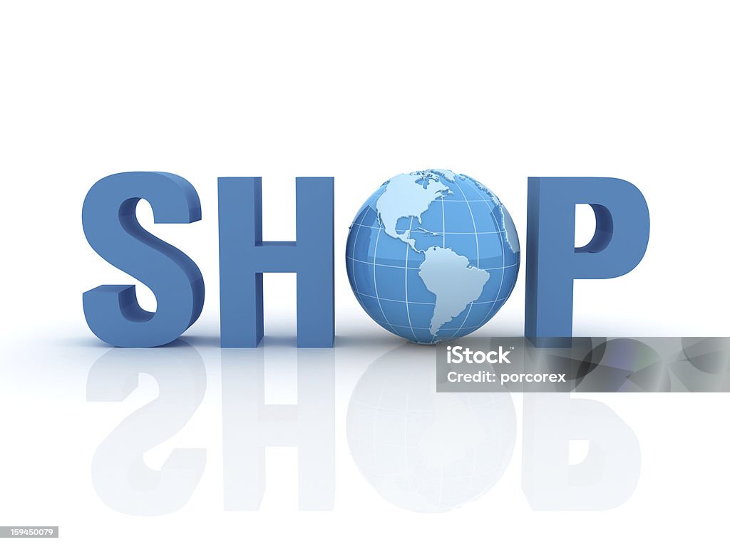 3 D слово «магазин с Earth Globe - Стоковые фото Белый фон роялти-фри