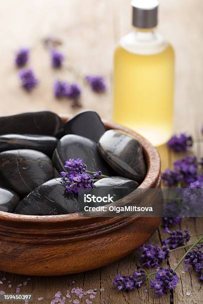 Spa Stones Salt And Lavender Oil Stock Photo - Download Image Now - Alternative Therapy, Aromatherapy, Bathroom