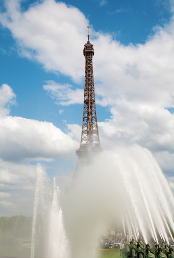 Eiffel Tower in Paris between Trocadero fountains