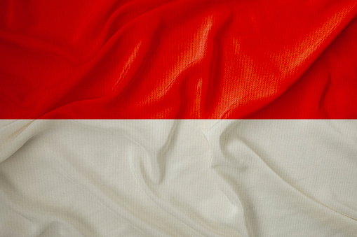 Polish national flag against skyscrapers in Warsaw city center, aerial landscape under blue sky