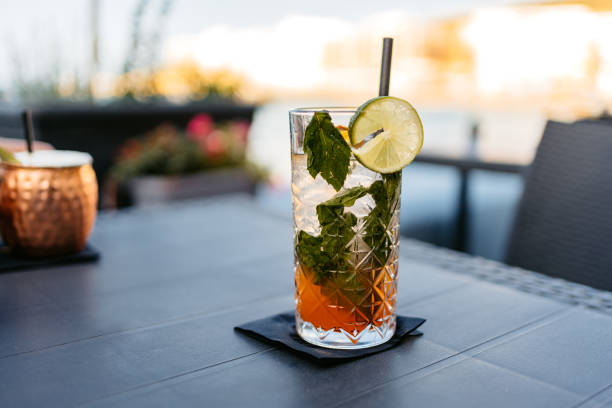 cocktail mojito fresco in un bicchiere strutturato sul tavolo - ginger drink alcohol drinking straw foto e immagini stock