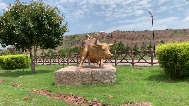 Golden bull in a park, Golden calf, Shining Golden Bull, Statue of a golden bull.