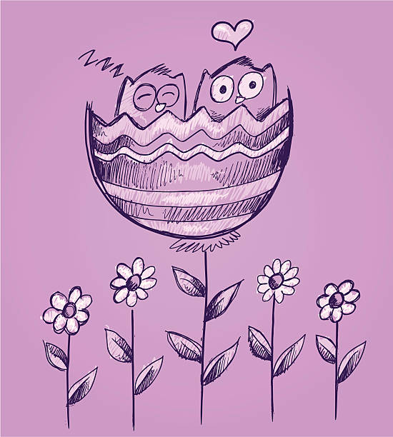 Sketch Doodle Valentines Owls in Flower vector art illustration