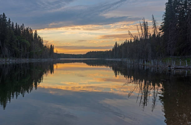 北の森の湖のパステルサンセット - manitoba north lake canada ストックフォトと画像