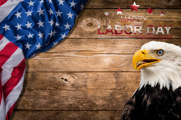istock Labor Day lettering USA background vector illustration for strong men. Labor Day celebration banner with USA flag and text - Labor Day United States of America. 1594613201