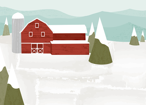 Textured snowy barn scene in a cut paper style with textures