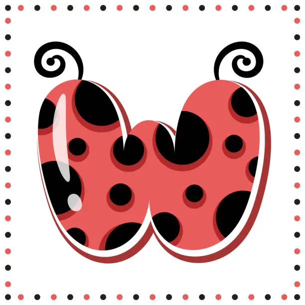 Vector illustration of English Alphabet letter W cute ladybug theme drawing