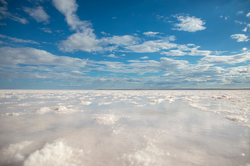 Salt lake view in summer and clouds in blue sky