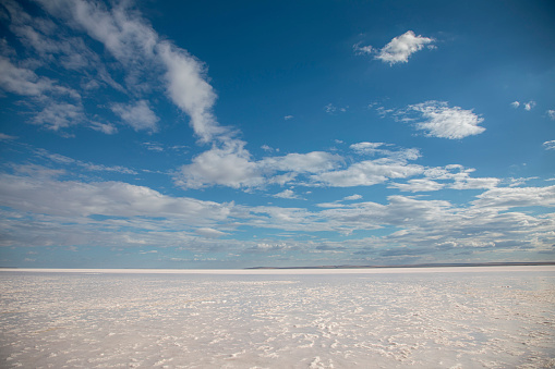 Salt lake view in summer and clouds in blue sky