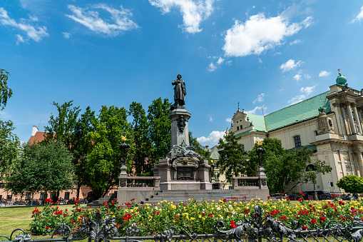 View of the Monument of Adam Mickiewicz in Warsaw, Poland
