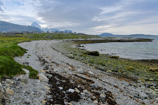 Nuuk / Godthåb, Sermersooq, Greenland:  Saqqarliit Beach - pebbles beach at the southwestern corner of Nuuk peninsula, facing the Nuup Kangerlua / Nuuk / Godthaab fjord (part of the Davis Strait / Labrador Sea / North Atlantic Ocean)