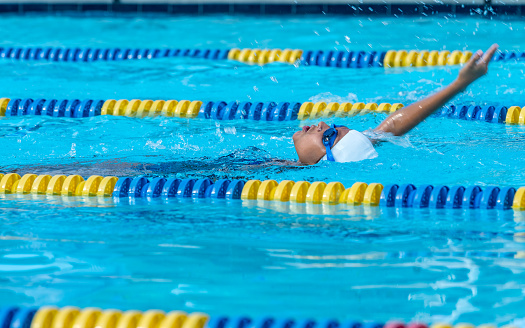 Young boy swimming and  competing in a Swim Meet doing the breast stroke, butterfly, backstroke and freestyle