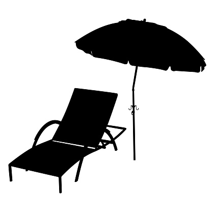 Vector illustration of chaise longue for relaxing under summer parasol. Summer sun lounge and umbrella in vector. Illustration of place for summer holiday.