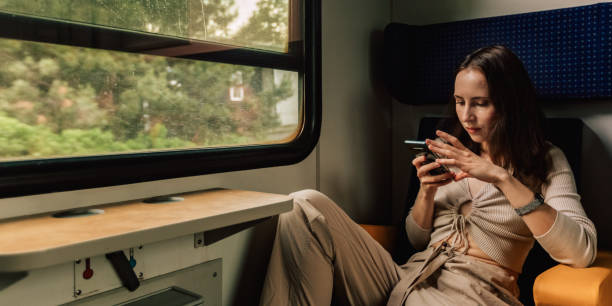 istock Female portrait of passenger who using mobile phone in train 1595036043