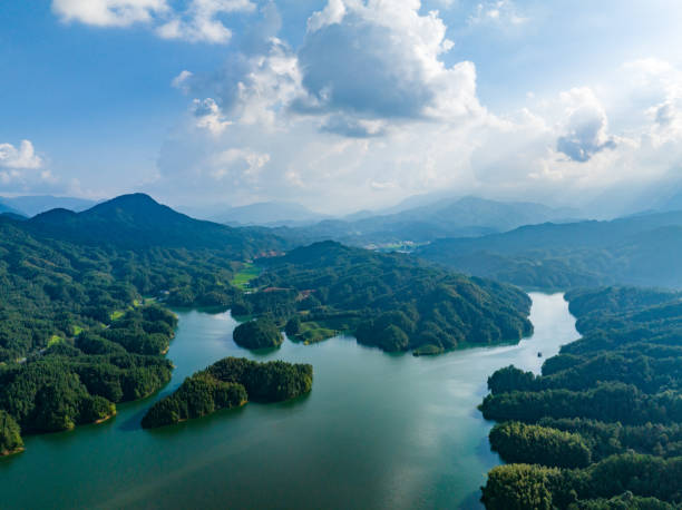 istock Large reservoir under blue sky and white clouds 1595135904