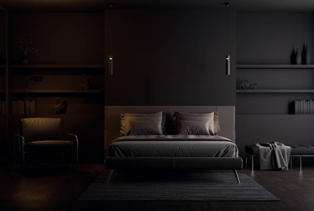 istock Minimal style mysterious and charming black bedroom interior with empty wall 3d render 1595193174