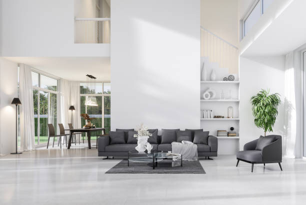istock Minimal style white high living and dining room with garden view 3d render 1595193181