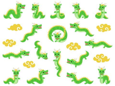 Illustration set of Chinese style green long dragon characters in various poses with golden clouds