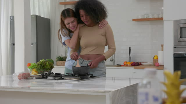Happy LGBT Couples Romantic Cooking - Slow motion