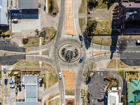 Directly above Roundabout View taken from a drone on church street, Glen Innes, NSW, Australia