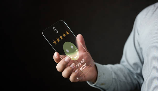 Customer Experiences review satisfaction feedback survey concept. Top smile satisfaction and top star for service.