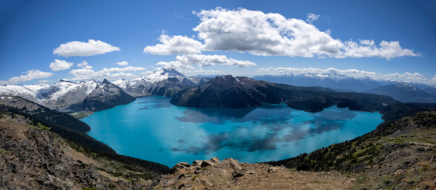 Garibaldi Lake viewed from Panorama Ridge in summer in Squamish, BC, Canada