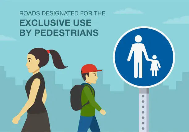 Vector illustration of Common traffic or road rules. Close-up view of pedestrians on the city road. Roads designated for the exclusive use by pedestrians sign design.