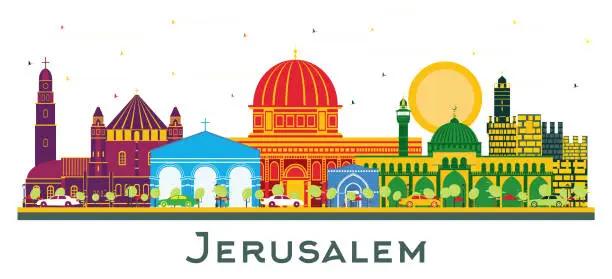 Vector illustration of Jerusalem Israel city Skyline with Color Buildings isolated on white.