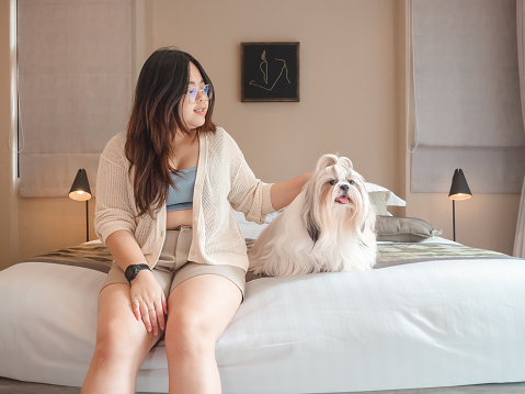 Happy time young woman with shih tzu dog on bed hugging tenderly, love for pet