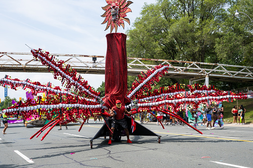 Toronto, Ontario, Canada - Aug 5, 2023: Toronto Caribbean Carnival has become the biggest of its kind in North America. The Grande Parade, as the highlight of the three-week Festival, attracts local, national, and international visitors.