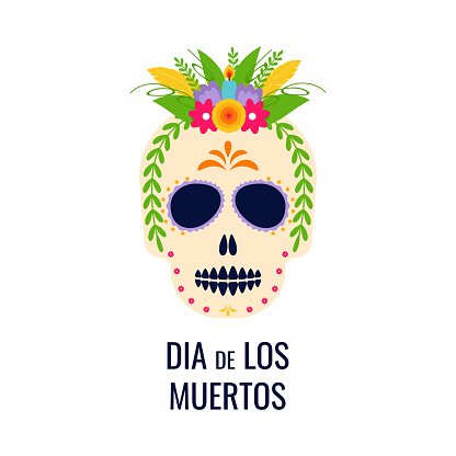 Dia de los muertos. Day of the dead. Mexican tradition holiday, festival. Man skull with flowers crown. Banner, flyer and card. Flat illustration.