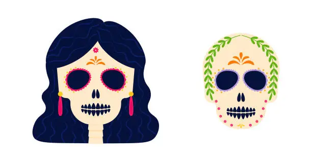 Vector illustration of Dia de los muertos. Day of the dead. Mexican tradition holiday, festival. Woman and man skull with flowers crown. Poster, banner and card. Flat vector illustration.