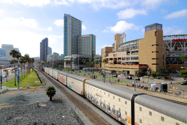 San Diego, California, USA - July 08, 2023: BNSF Freight Train in front of Petco Park Baseball Stadium, San Diego.