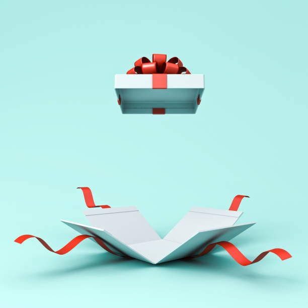 istock Open present box or blank white gift box with red ribbons and bow isolated on light blue cyan pastel color background with shadow 3D rendering 1595558835