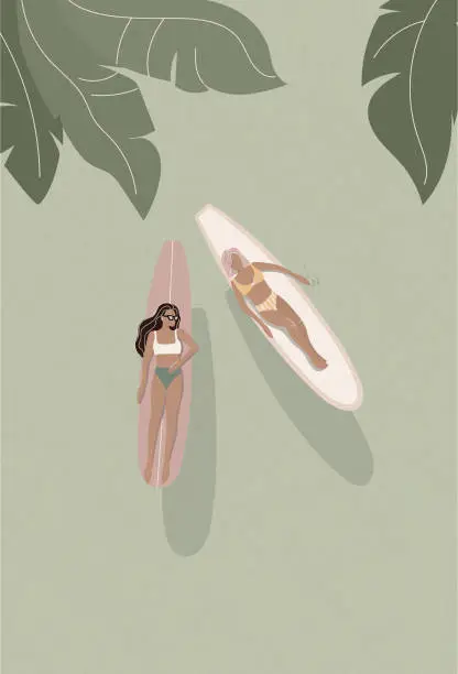 Vector illustration of Surfer girls above on the surfboards, flat retro illustration