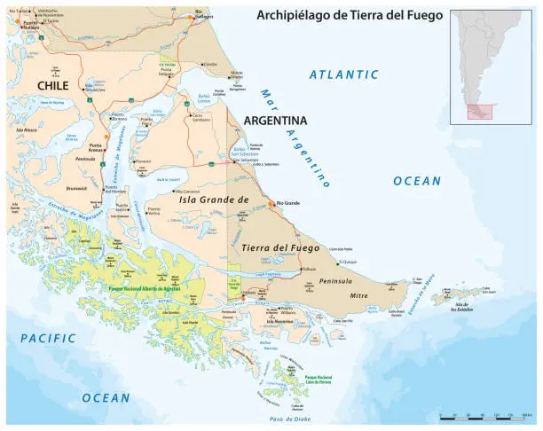 Vector illustration of Map of Tierra del Fuego, archipelago at the southern tip of South America