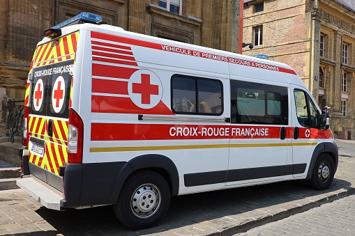 Red Cross rescue team, town of Charleville Mezieres, Ardennes department, France