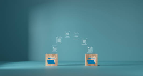 Wooden blocks with virtual document loading to another folder. Data copy or move. Transfer files of data between folders. Exchange of file on folder. Send document to the internet.