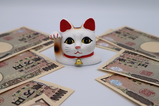 Maneki-neko and photo of Japanese banknotes