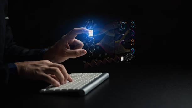 istock Businessman working with holograms showing business graphs and various information in work, using technology in business management for efficient work and modern business operations. 1595618206