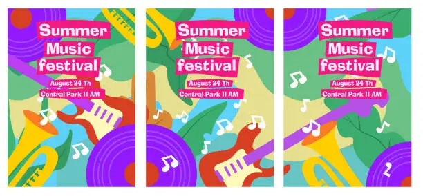 Vector illustration of set of tropical nad music instrument for summer music festival poster template . abstract style painting vector illustration
