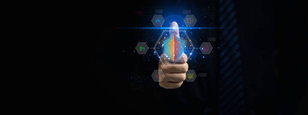 istock Businessman with encrypted hologram to enter business management system, encryption secure sensitive data, set password, protection of sensitive data. Encryption concept access data. 1595621364